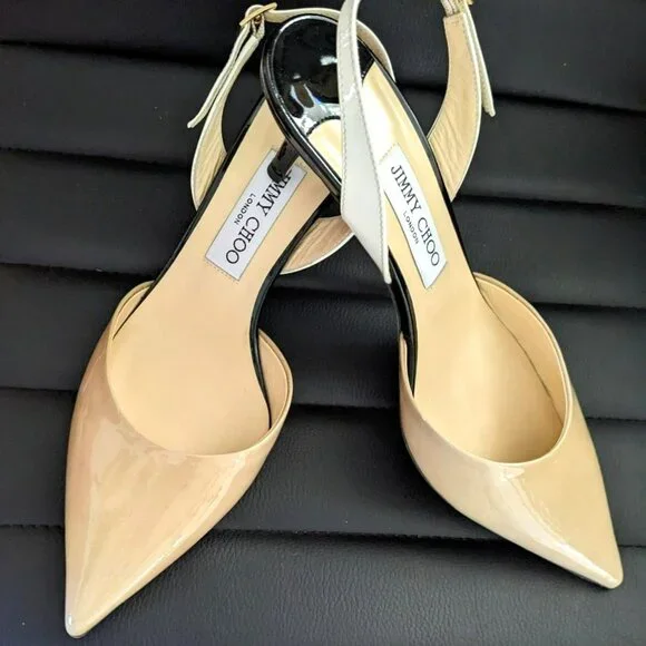 Jimmy Choo Women Patent Leather Pointed Colorblock Slingbacks Beige/Blk - Picture 2 of 10